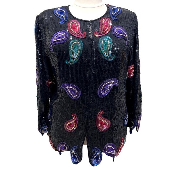 Vintage Scala Sequin Silk Jacket Paisley Beaded Black Purple Pink Blazer Size 2X - Picture 4 of 10